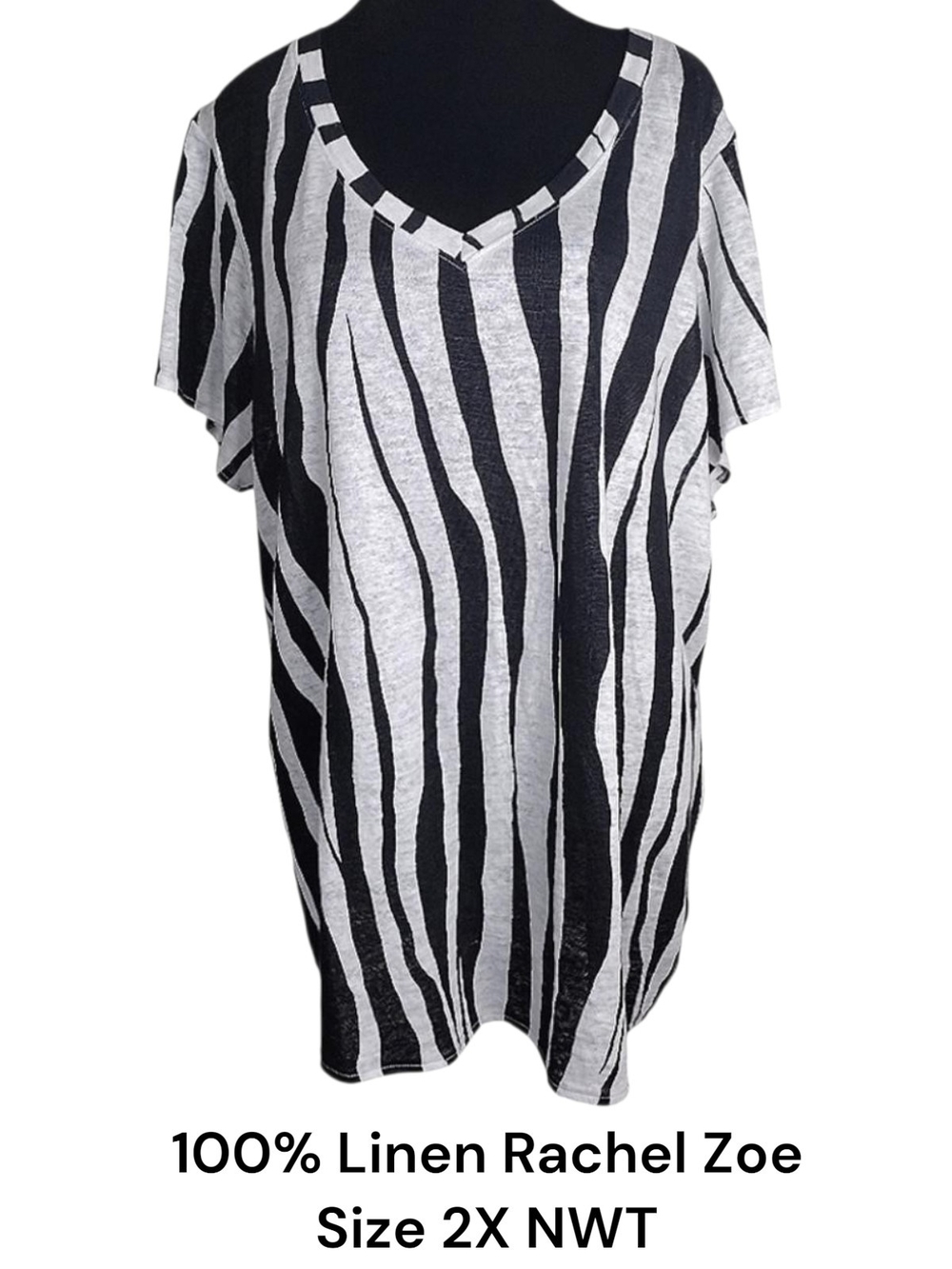 RACHEL ZOE Black/Wht Zebra Print 100% Linen High-Low Hem Slub Knit Top 2X - NWT